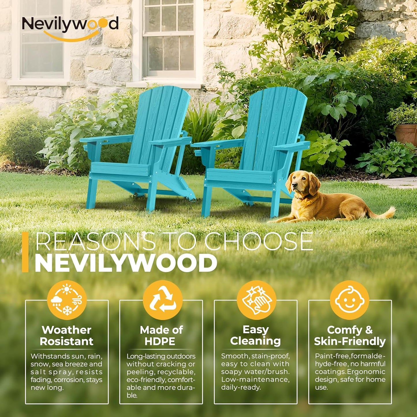 Folding Adirondack Chair - Extended Ergonomic Backrest, Cup Holder - Easy Assembly - Durable HDPE Plastic, Weather Resistant & Maintenance-Free - Lawn, Patio, Deck Supports 380lbs Aruba