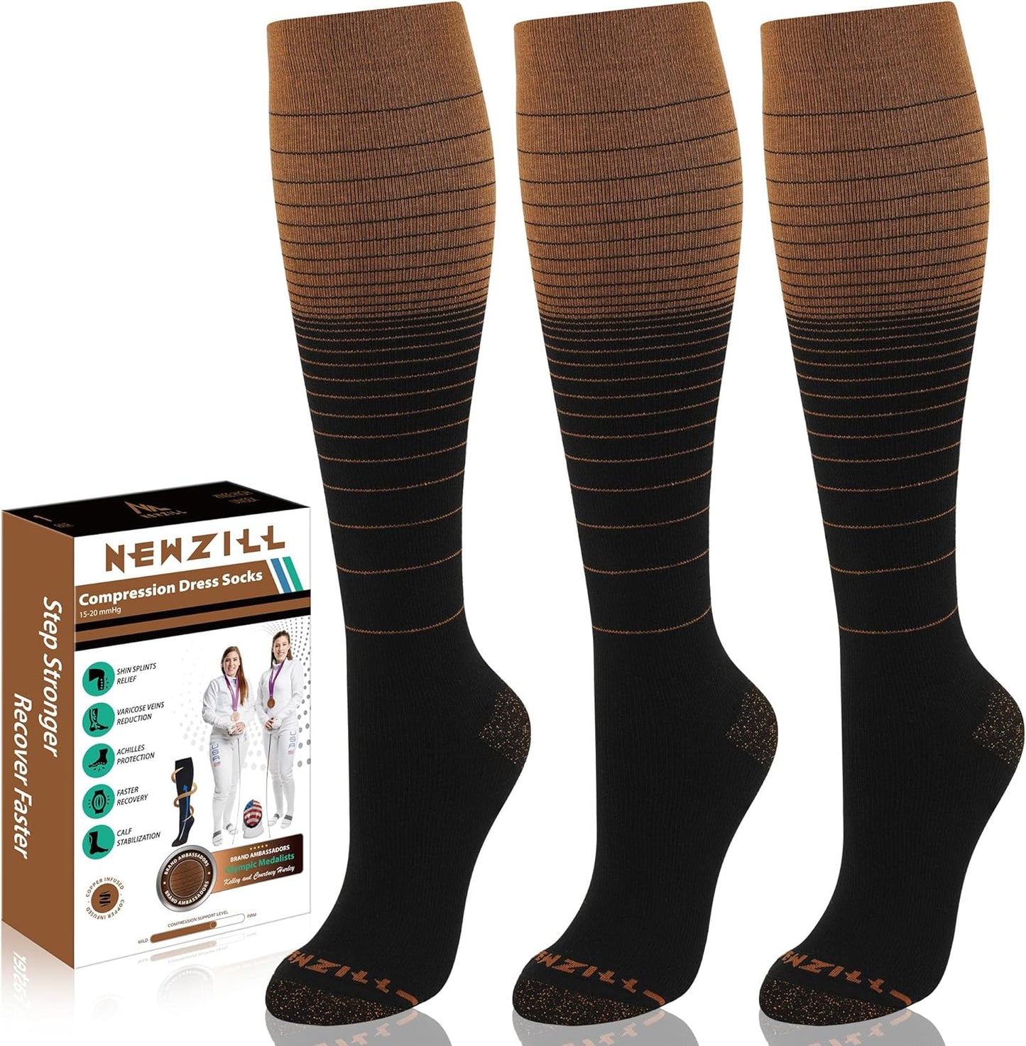 NEWZILL Copper Compression Socks for Women & Men 15-20mmHg Cotton Rich Odor Control Dress Socks for Business Casual Running Medical Athletic Support, Edema Diabetic Relief