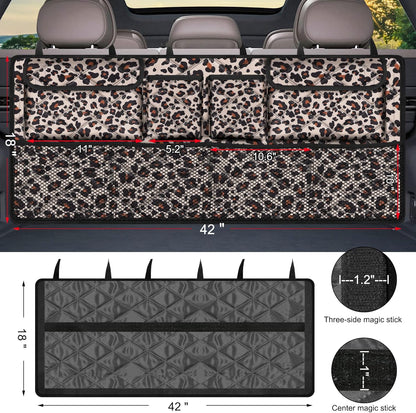 Car Trunk Organizer,Large Capacity Backseat Trunk Organizer(42"*18"),Collapsible Car Storage Bag with 8 Pocekt,Car Organizer for SUV/MPV/Truck - Leopard print