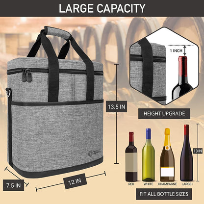 opux 6 Bottle Carrier Tote | Insulated Padded Wine Cooler Bag for Travel. Picnic, BYOB | Portable Leakproof Wine Tote Bag for Dinner, Party, Christmas, Wine Gift for Women, Men (Heather Gray)