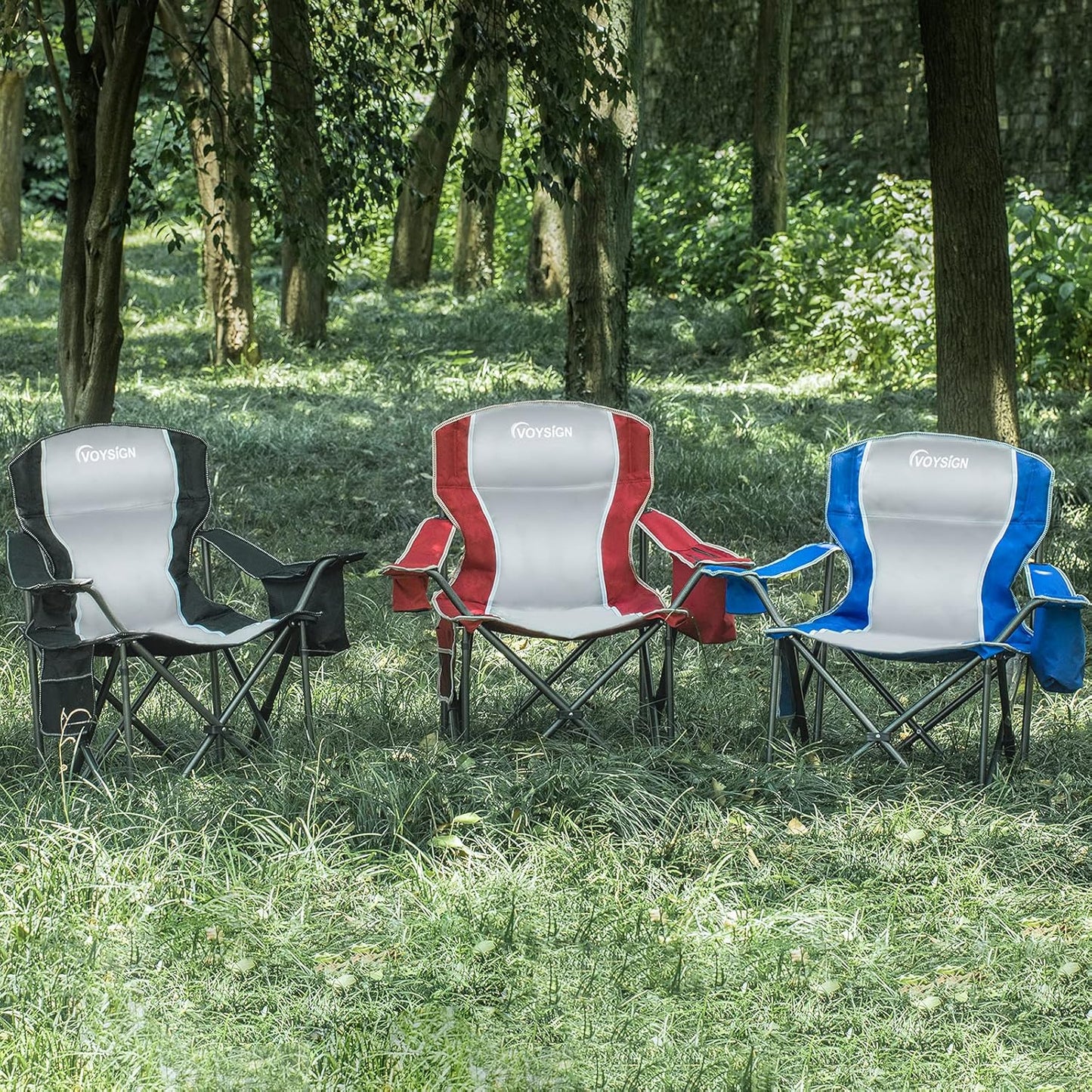 Padded Camping Chairs for Adults, Oversized Folding Outdoor Chairs, Weight Capacity 475lbs, with Cooler Bag, Cup Holder, Storage Pocket Carry Bag (Red - 2 Pack)