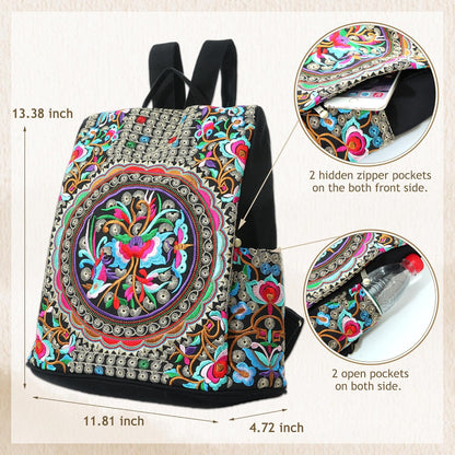 Jursccu Embroidered Women Backpack Purse, Fashion Canvas Travel Anti-theft Rucksack Shoulder Bag (Flower Embroidery)