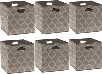 SIMPLE HOUSEWARE 11-Inch Collapsible Fabric Cube Storage Bin with Handles, Printed Design, 6 Pack, Beige