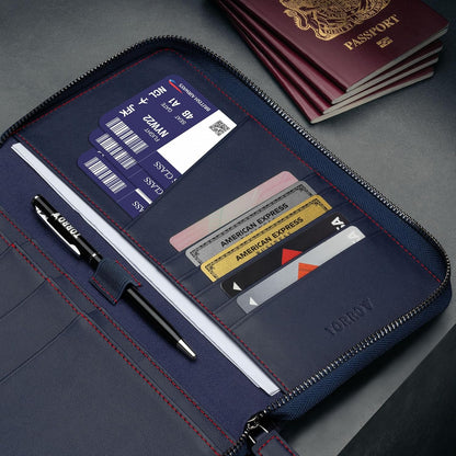 TORRO Premium Leather Family Travel Wallet, RFID Blocking Travel Organizer, Family Passport Holder for 4 Passports, Travel Documents and Cards (Navy Blue)