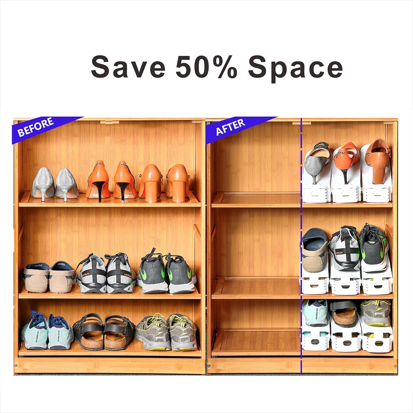 Shoe Slots Organizer, 36PCS Adjustable Double Layer Stack Shoe Rack, 50% Space-Saving Storage Rack Holder, White