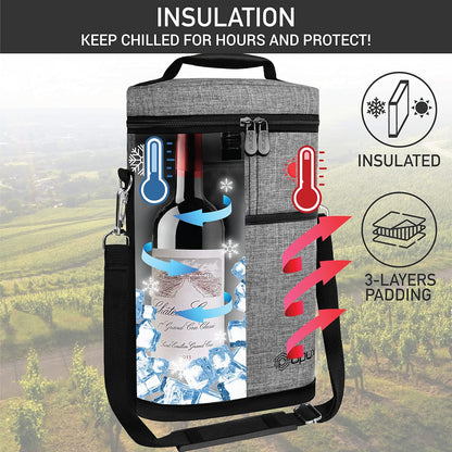 opux 2 Bottle Wine Carrier Tote, Insulated Leakproof Wine Cooler Bag, Wine Travel Bag for Picnic BYOB Beach, Portable Wine Bottle Carrying Case, Gift for Wine Lover Women Men Christmas, Heather Grey