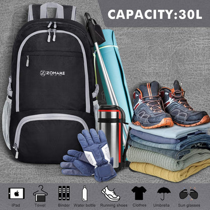 ZOMAKE Lightweight Packable Backpack 30L, Foldable Hiking Backpacks Water Resistant Compact Folding Daypack for Travel(Black)