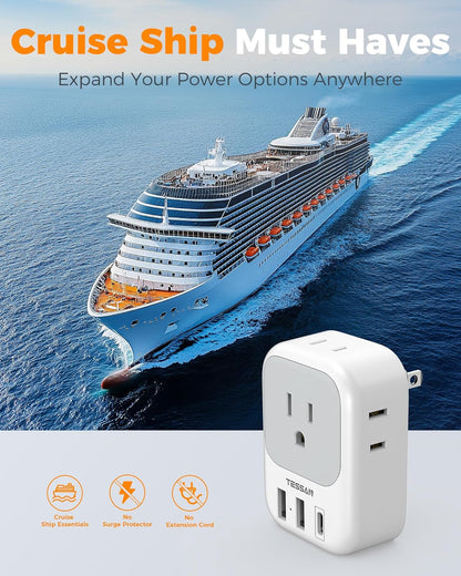 US to Japan Plug Adapter 2 Pack, TESSAN 2 Prong to 3 Prong Outlet Adapter with 4 Outlets 3 USB (1 USB-C), Outlet Adaptor US to Japan China Mexico Philippines Canada Peru Thailand Vietnam