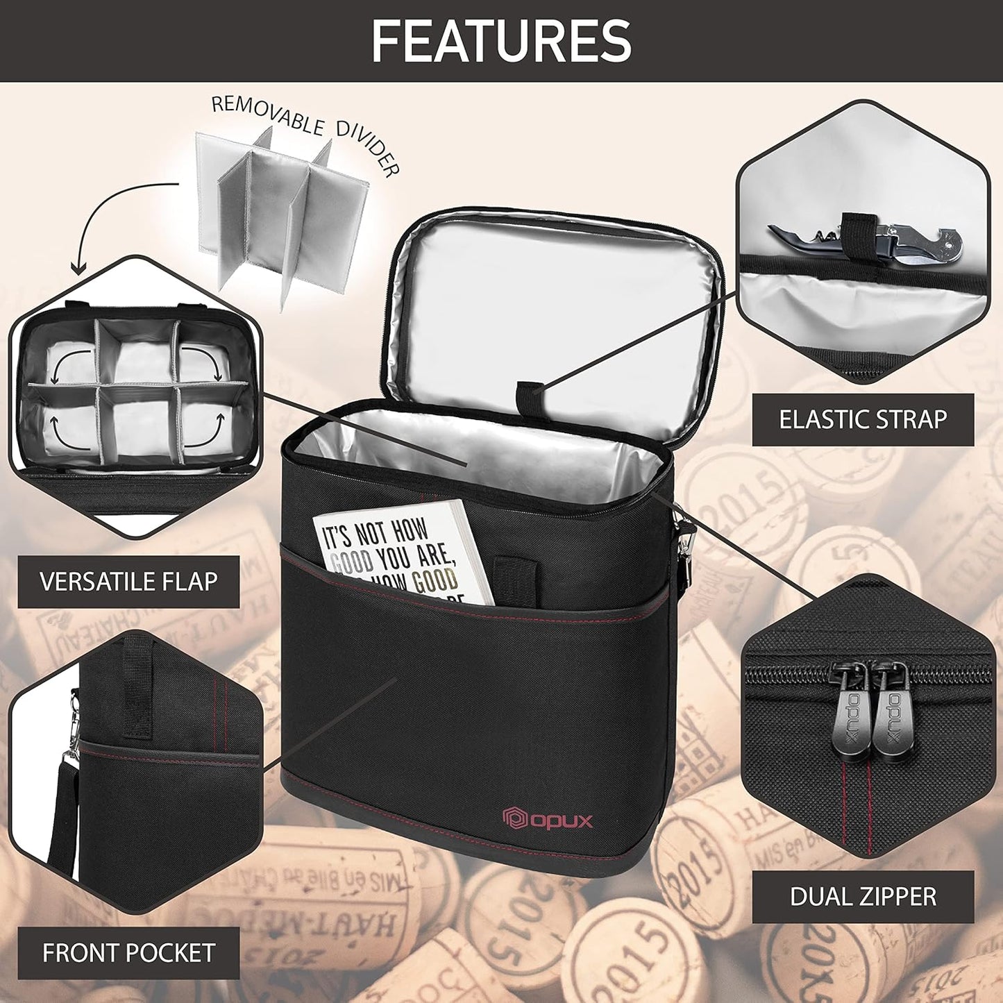 opux 6 Bottle Carrier Tote | Insulated Padded Wine Cooler Bag for Travel. Picnic, BYOB | Portable Leakproof Wine Tote Bag for Dinner, Party, Christmas, Wine Gift for Women, Men (Black)