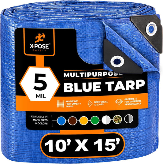Better Blue Poly Tarp 10' x 15' - Multipurpose Protective Cover - Lightweight, Durable, Waterproof, Weather Proof - 5 Mil Thick Polyethylene - by Xpose Safety