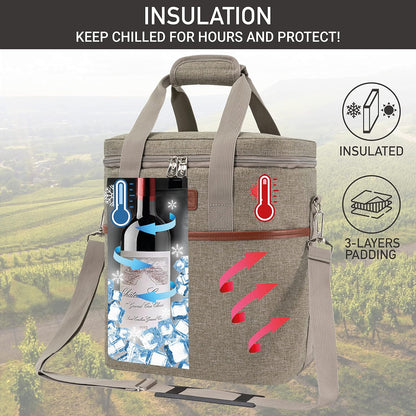 opux 6 Bottle Carrier Tote | Insulated Padded Wine Cooler Bag for Travel. Picnic, BYOB | Portable Leakproof Wine Tote Bag for Dinner, Party, Christmas, Wine Gift for Women, Men (Heather Taupe)