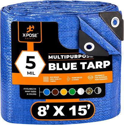Better Blue Poly Tarp 8' x 15' - Multipurpose Protective Cover - Lightweight, Durable, Waterproof, Weather Proof - 5 Mil Thick Polyethylene - by Xpose Safety