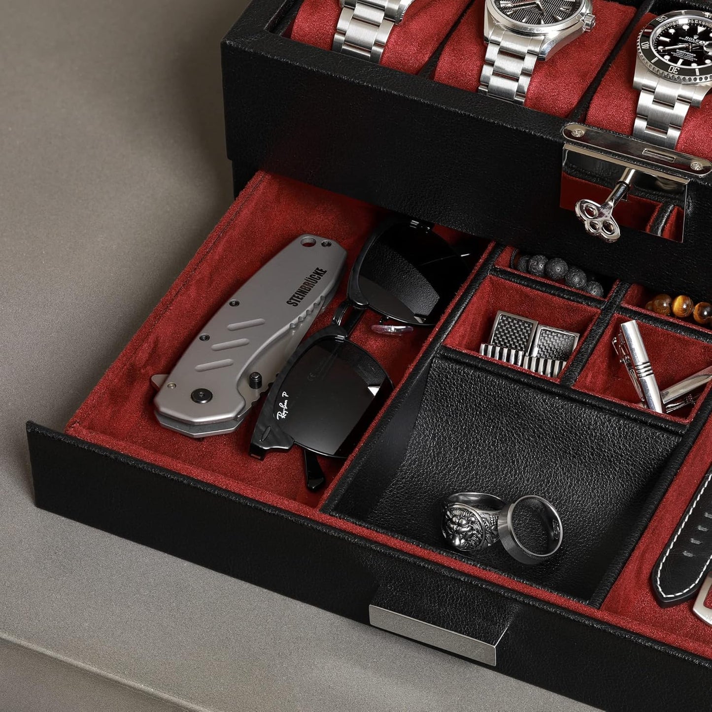 ROTHWELL 10-Slot Watch Box in Leather with Valet Drawer, Luxury Watch Case Display Organizer with Ultra Soft Microsuede Liner, Jewelry and Sunglass Holder With Large Glass top (Black/Red)