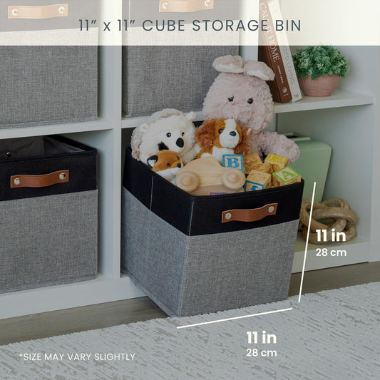 OrganiHaus 11x11 Cube Storage Bins - Set of 4, Fabric Cubby Bins with Vegan Handles, Square Storage Cubes in Gray/Black