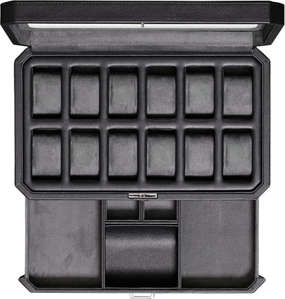 ROTHWELL 12 Slot Leather Watch Box with Valet Drawer - Luxury Watch and Jewelry Case Display Organizer, Microsuede liner, Mens Locking Storage Holder Large Glass Top (Black/Grey)