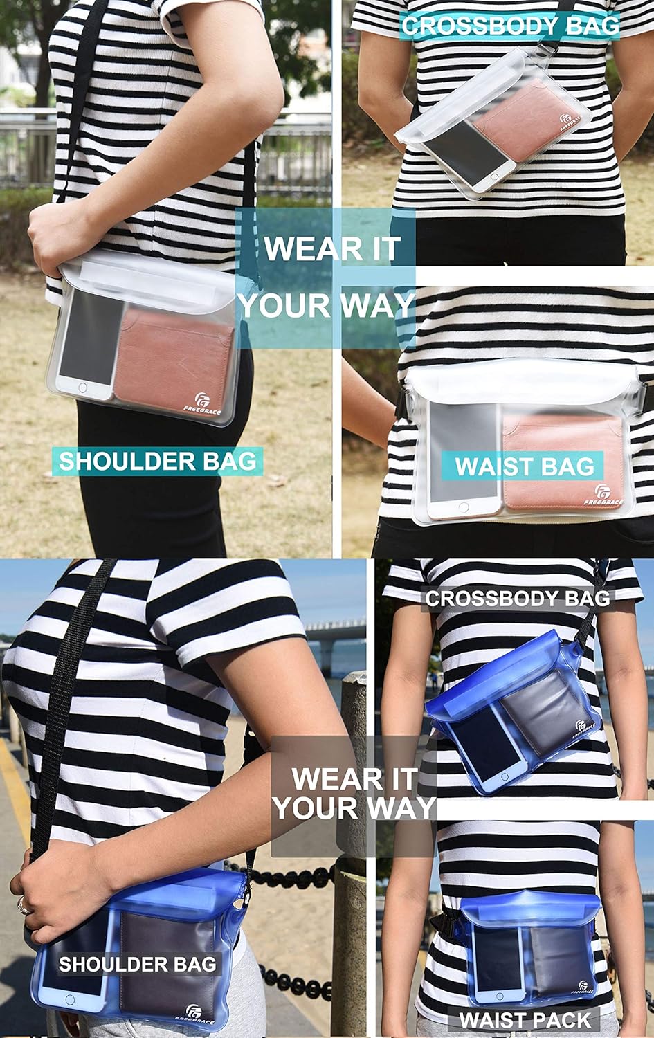 Freegrace Waterproof Pouches with Waist Strap / Pouch Case Bundle Set- Keep Your Phone & Valuables Dry and Safe - Waterproof Dry Bags for Boating Swimming Snorkeling Kayaking Beach Water Parks Pool