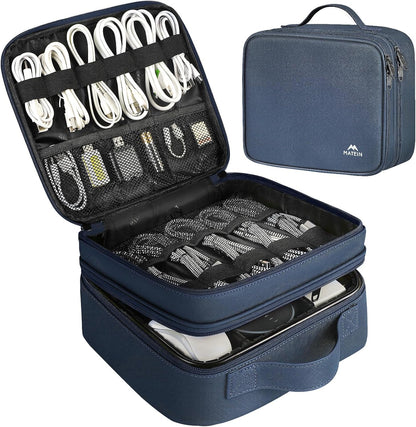 MATEIN Cord Organizer Case with Adjustable Divider, DJ Cable File Bag for Electronic Storage, USB Cable, Charger, Tech Accessories, Shockproof Portable Double Layer Cord Bags, Blue