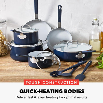GreenPan x Bobby Flay 13 Piece Nonstick Cookware Pots and Pans Set, PFAS-Free Diamond Ceramic, Induction Suitable, Easy Clean Dishwasher & Oven Safe, Stay-Cool Silicone Handles, Glass Lids, Navy Blue