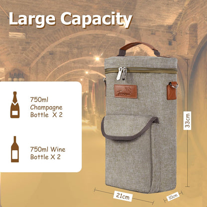 Tirrinia 2 Bottle Wine Gift Tote Carrier - Leakproof & Insulated with large pockets Wine Cooler Bag for Travel, Wine Tasting, Party, Dinner, Great Gift for Wine Lover