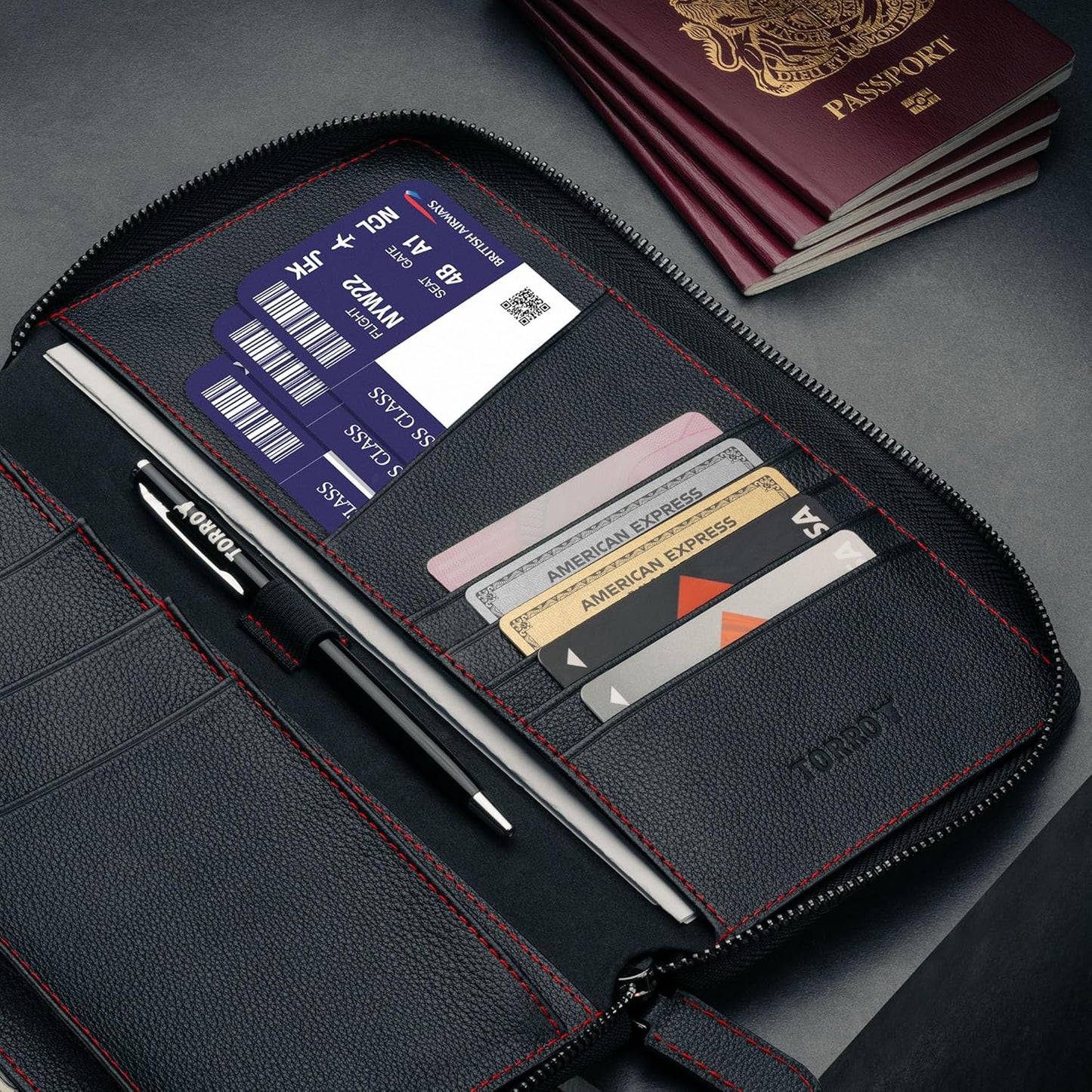 TORRO Premium Leather Family Travel Wallet, RFID Blocking Travel Organizer, Family Passport Holder for 4 Passports, Travel Documents and Cards (Black)
