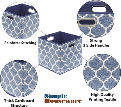 SIMPLE HOUSEWARE 13-Inch Collapsible Fabric Cube Storage Bin with Handles, Printed Design, 3 Pack, Steel Blue