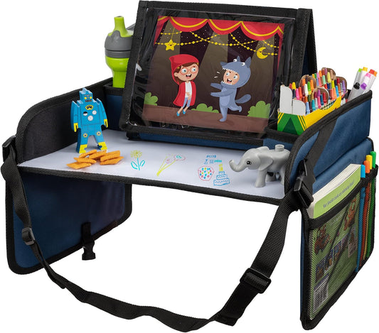 Lusso Gear Kids Travel Tray for Car - Road Trip Essentials for Kids - Car Seat Tray for Travel - Toddler Travel Lap Desk and Organizer - Holds Snacks, Water Bottle, Toys (Blue)