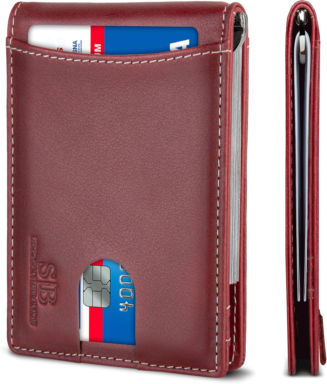 SERMAN BRANDS RFID Blocking Slim Bifold Genuine Leather Minimalist Front Pocket Wallets for Men with Money Clip Thin Mens