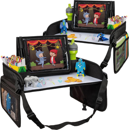 Lusso Gear Kids Travel Tray (Value 2-Pack) - Road Trip Essentials Organizer & Car Seat Tray with Tablet Stand - Toddler Lap Desk Organizer - Dry Erase Activity Surface