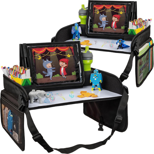 Lusso Gear Kids Travel Tray (Value 2-Pack) - Road Trip Essentials Organizer & Car Seat Tray with Tablet Stand - Toddler Lap Desk Organizer - Dry Erase Activity Surface