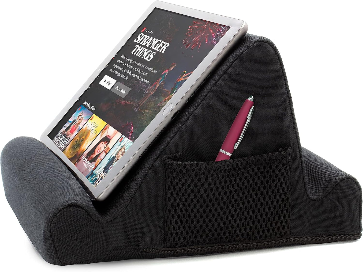 Brookstone - Memory Foam Lap Desk Tablet Holder, Holds Phones, iPads, E-Book Readers, 2 Viewing Angles, 2 Side Pockets for Accessories, Book Holder Cushion, Perfect Home, Car Travel, Flights, Black