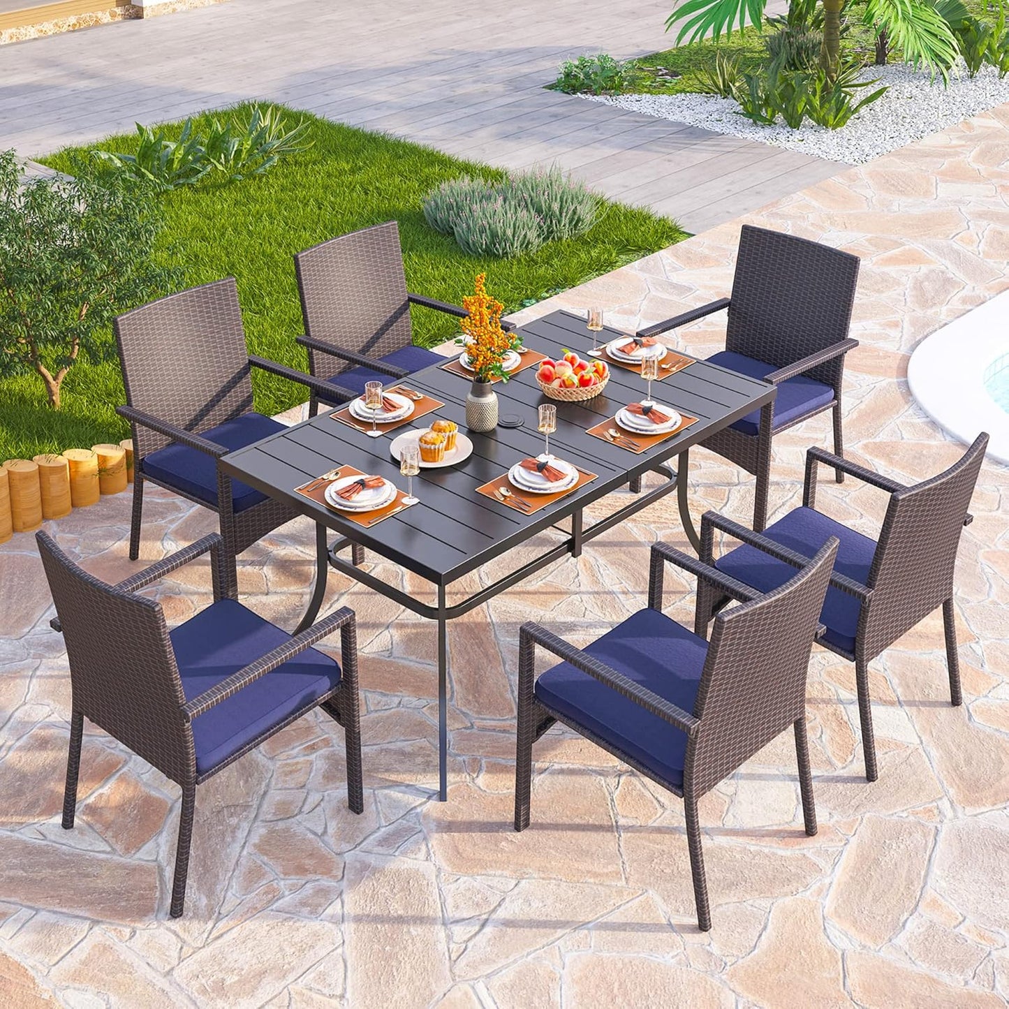 PHI VILLA 4 Pieces Patio Cushioned Rattan Chairs, Outdoor Modern PE Wicker Dining Armchair with Removable Cushions for Deck, Yard, Porch