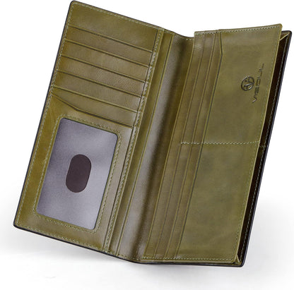VISOUL Mens Checkbook Leather Wallets Long Bifold Wallets for Men Suit Wallet with 3 Cash Compartments 12 Credit Card Slots (Black+Olive Green)