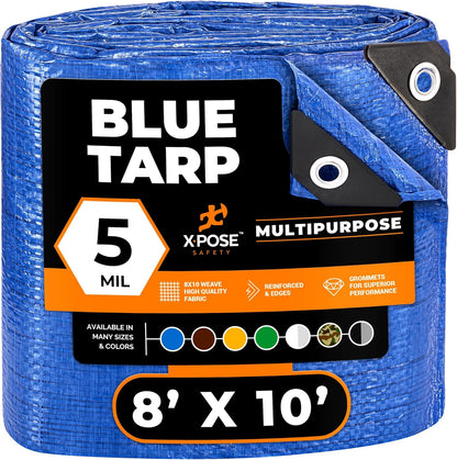 Better Blue Poly Tarp 8' x 10' - Multipurpose Protective Cover - Lightweight, Durable, Waterproof, Weather Proof - 5 Mil Thick Polyethylene - by Xpose Safety