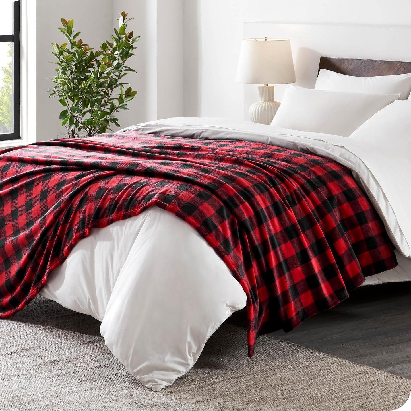 Bare Home Textured Fleece Blanket - Throw/Travel - Ultra-Soft Lightweight for Bed, Sofa, and Couch - Luxury Microplush - Cozy Warm Blanket (Throw/Travel, Buffalo Plaid - Red/Black)