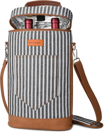 Tirrinia 2 Bottle Wine Gift Tote Carrier - Leakproof & Insulated Padded Versatile Wine Cooler Bag for Travel, BYOB Restaurant, Wine Tasting, Party, Dinner,Gift for Wine Lovers, Black Stripe