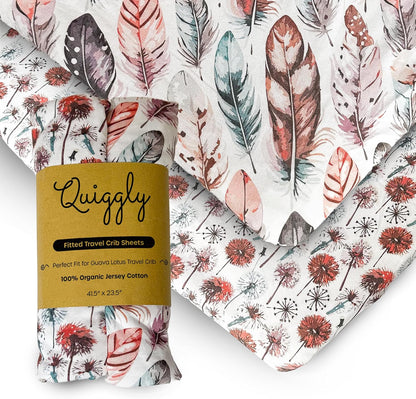 Quiggly Travel Crib Sheets for Guava Lotus, 2 Pack Organic Cotton Jersey Knit, Vibrant Feather & Dandelion Patterns - Fits Crib Mattress for Boys & Girls