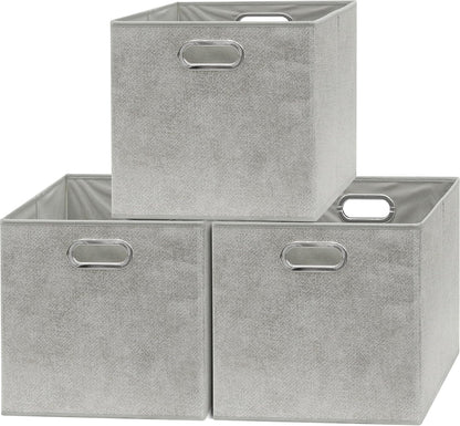 SIMPLE HOUSEWARE 13-Inch Collapsible Fabric Cube Storage Bin with Handles, Printed Design, 3 Pack, Gray