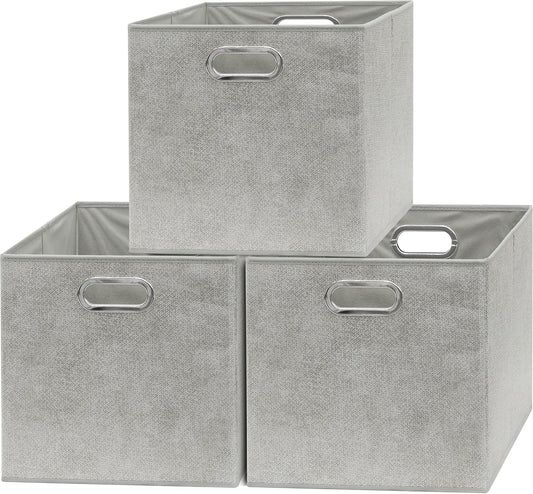 SIMPLE HOUSEWARE 13-Inch Collapsible Fabric Cube Storage Bin with Handles, Printed Design, 3 Pack, Gray