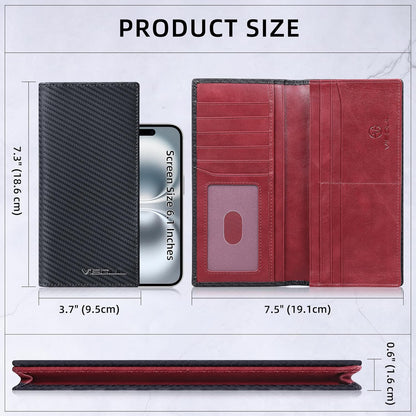 VISOUL Mens Leather Long Checkbook Bifold Wallets with RFID Blocking, Carbon Fiber Leather Tall Wallets for Men (Black+Burgundy)