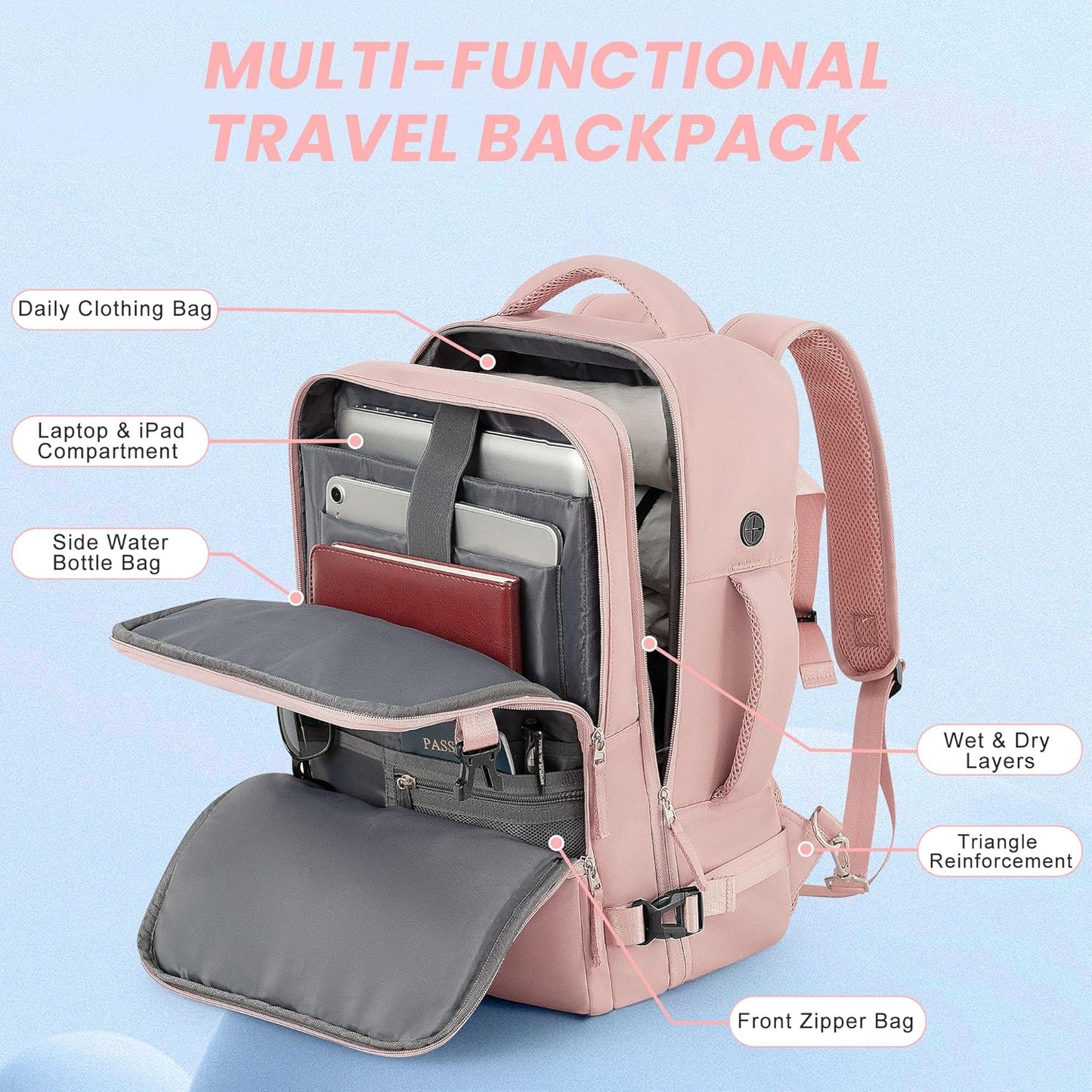 Travel Backpack for Women, Flight Approved Carry On Backpack with USB Charging Hole, Lightweight Travel Bag, Waterproof Causal Bookbag for College, Travel, Work