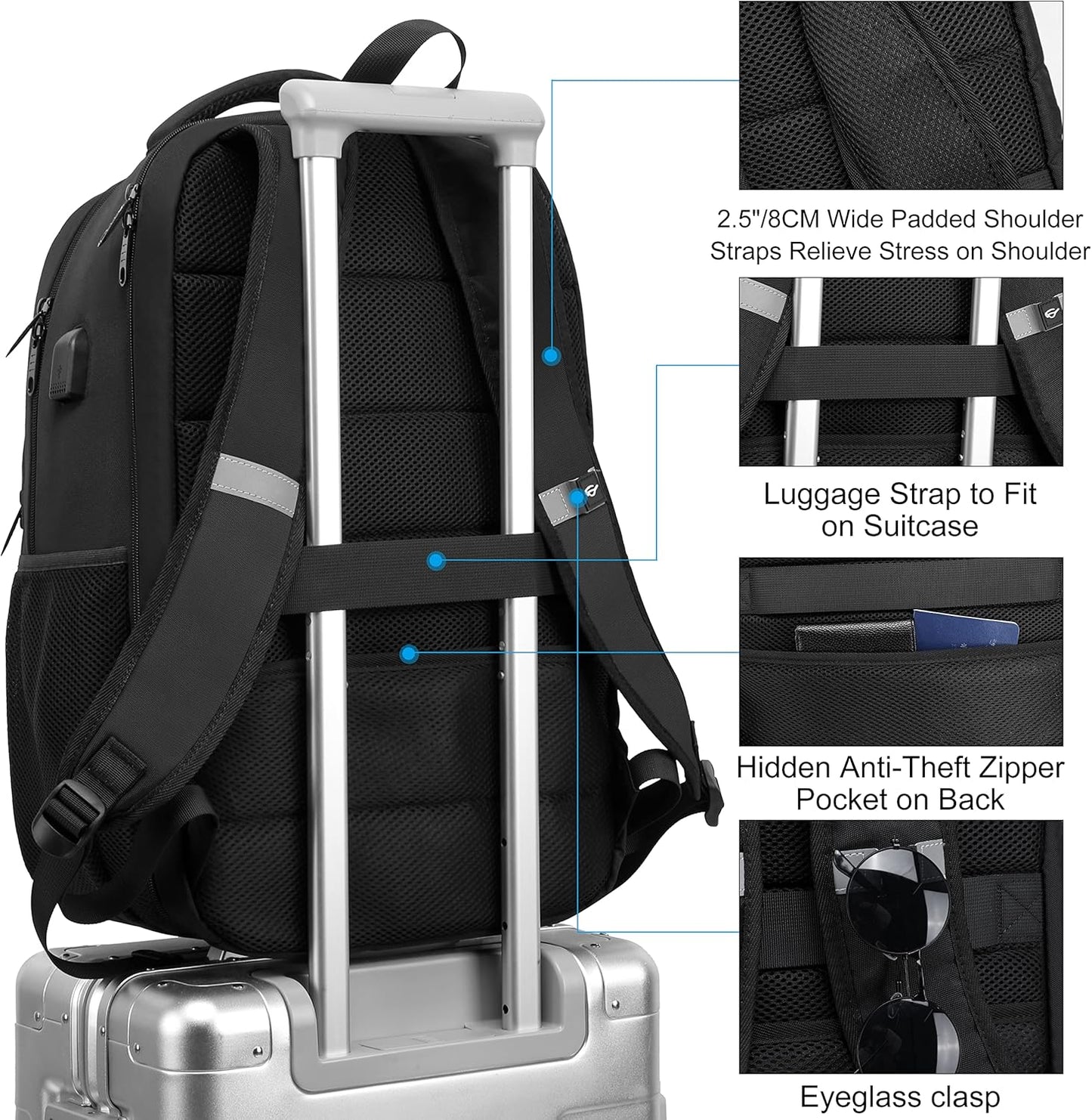 Backpack, Laptop Backpack, Carry on Backpack, Durable TSA Friendly Business Travel 17.3 Inch Laptop Backpack with USB Port, College School Bag Gift for Men Women Teens Bookbag, Black