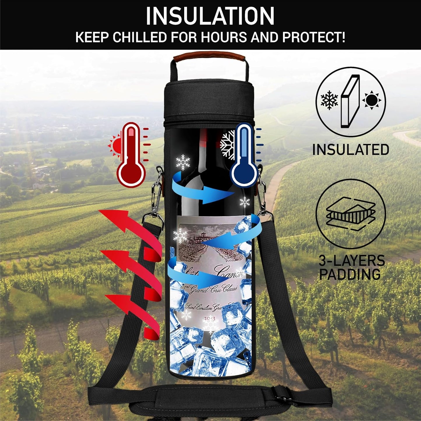 opux Wine Bag Single Bottle Carrier Tote, Insulated Wine Cooler Bag for Travel Picnic Beach with Shoulder Strap, Thermal One Bottle Holder Carrying Case Wine Gift for Women Men, Black