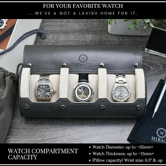 Watch Travel Case for Men - Mirage Watch Roll Storage and Display 3 slots - Slate Grey/Ivory White Interior Vegan Leather