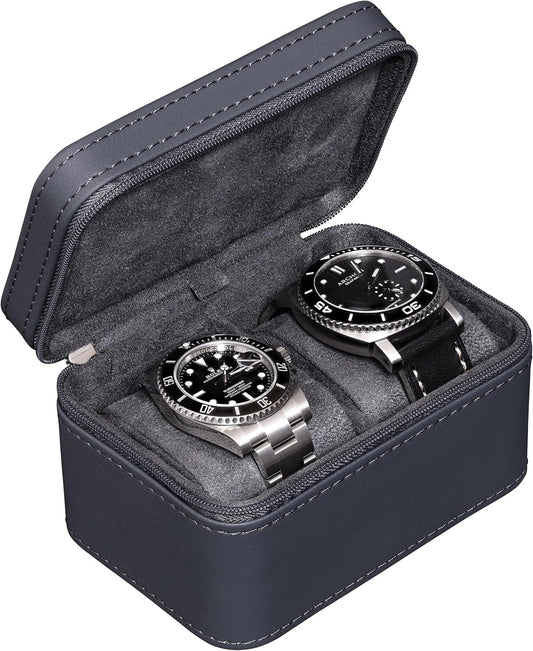 ROTHWELL 2 Watch Travel Case for Men | Compact PU Leather Protective Box with Microsuede Interior | Fits Watches & Smartwatches Up to 55mm (Carbon)