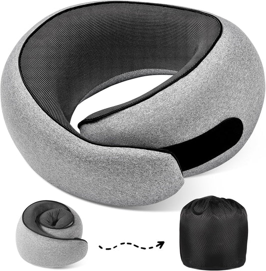 Travel Neck Pillows, 100% Memory Foam Filling, Travel Pillows for Airplanes, Compact and Ergonomic Design, Best for Sleeping Plane Train Travel Essentials (Light Grey)