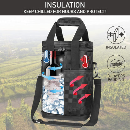 Opux 4 Bottle Insulated Wine Cooler Bag - Leakproof Padded Portable Wine Bottle Carrier for Travel Picnic, BYOB Gift (Black Square)