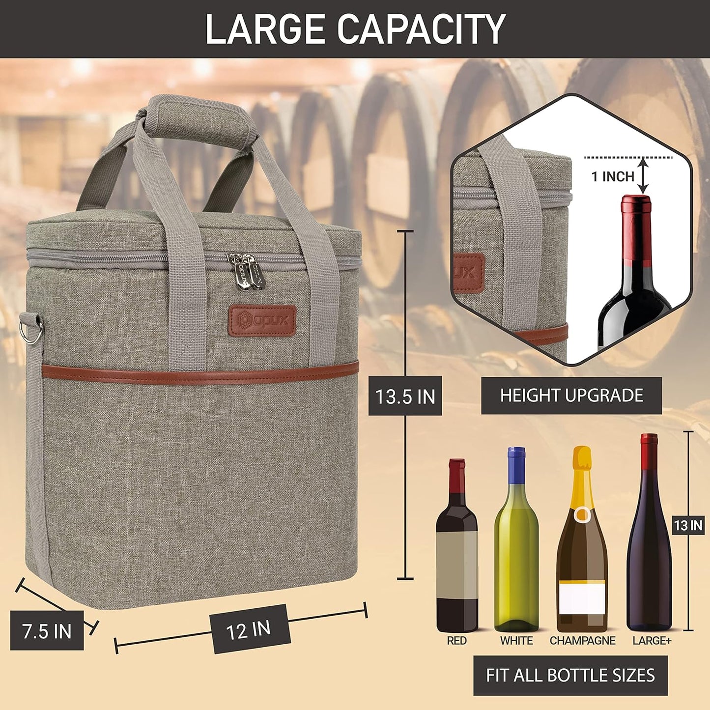 opux 6 Bottle Carrier Tote | Insulated Padded Wine Cooler Bag for Travel. Picnic, BYOB | Portable Leakproof Wine Tote Bag for Dinner, Party, Christmas, Wine Gift for Women, Men (Heather Taupe)
