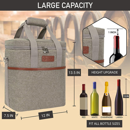 opux 6 Bottle Carrier Tote | Insulated Padded Wine Cooler Bag for Travel. Picnic, BYOB | Portable Leakproof Wine Tote Bag for Dinner, Party, Christmas, Wine Gift for Women, Men (Heather Taupe)