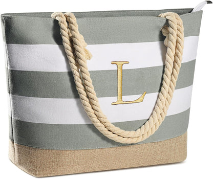 YOOLIFE Initial Canvas Waterproof Beach Tote Bag Zipper Personalized Gifts for Women Her Birthday Travel Beach Essential