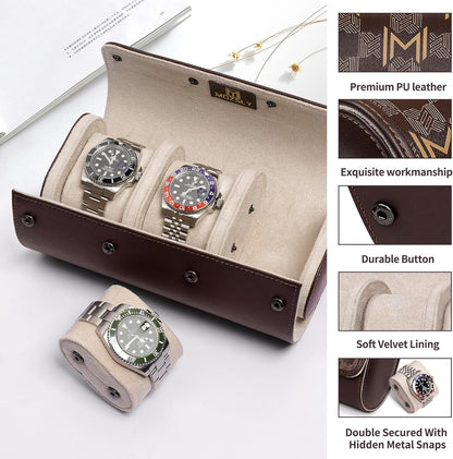 MOZSLY Watch Roll Travel Case 3 Slots Portable Watches Box Organizer Storage Holder Pattern PU Leather